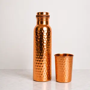 Pure Copper Water Bottle with Copper Glass, 34oz Hammered Handmade Ayurvedic Drinking Water Set, Eco Friendly Reusable Bottle