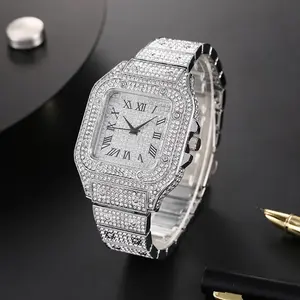 Classic Luxury Business Men’s Quartz Watch, Stainless Steel Strap, Square Roman Numeral Dial, Rhinestone Crystal Bezel, Fashion Casual Business Wristwatch for Men, Waterproof Analog Relogio Masculino Gift SOXY