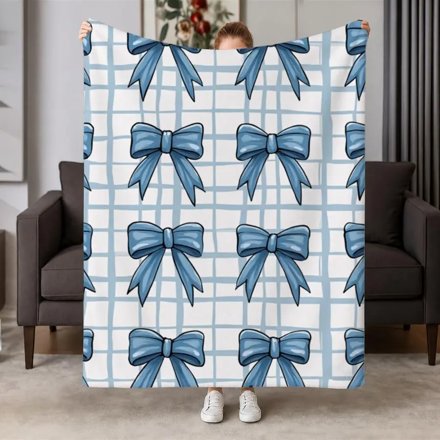Cozy Pastel Blue Bow Checkered Flannel Throw Blanket - Soft Hand-Drawn Style, Warm & Machine Washable Ideal for Couch, Bed, Office & Travel, Perfect Gift for Friends & Family