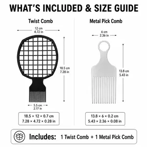 2Pcs Afro Twist Comb Set, Plastic Twist Sponge Comb & Metal Pick Comb for Natural Curly Hair, Coils, Braids, Dreadlocks, Root Lifting, Detangling, Fluffing & Barber Styling Tools for Men and Women, Volumizing Comb