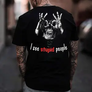 Men's Short-Sleeve Round Neck Cotton T-Shirt - "I SEE STUPID PEOPLE" Skull With OK Print, Foldable Expandable Casual Fit Streetwear Top for 2 Seasons, Shortsleeve