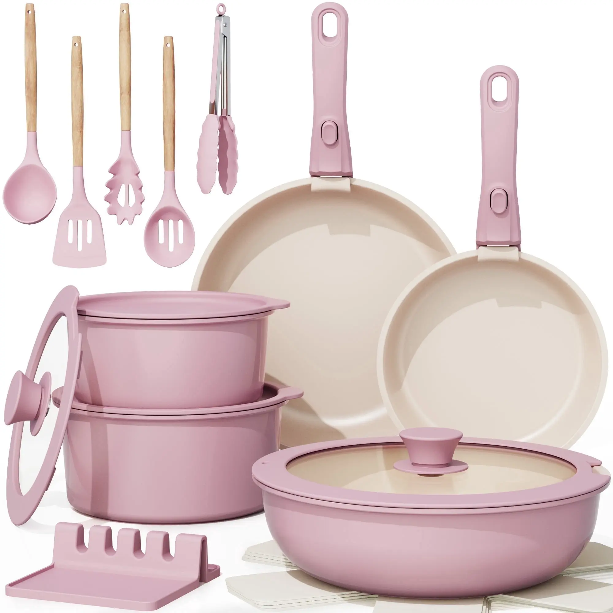 Astercook 20-Piece Ceramic Pots and Pans Set, Nonstick Cookware Set with Detachable Handles, Oven Safe to 480°F, Induction Compatible, Stackable RV Kitchen Cooking Set, Pink