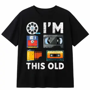Retro Vintage Media Technology T-Shirt - Nostalgic Cassette VHS Floppy Disk Print Short Sleeve Round Neck Tee - Digital Heat Transfer Casual Shirt for Tech Conventions & Casual Attire