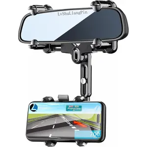 Rearview Mirror Phone Holder for Car, 360° Rotating Rear View Mount with Adjustable Arm Length, Upgraded Four Corners Fixed Anti-Shake Multifunctional Design for All Smartphones