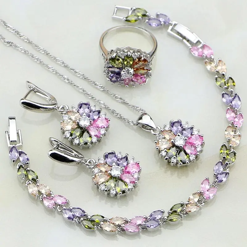 925 Sterling Silver Jewelry Multicolor Stones Cubic Zirconia Jewelry Sets For Women Earrings/Pendant/Necklace/Ring/Bracelet
