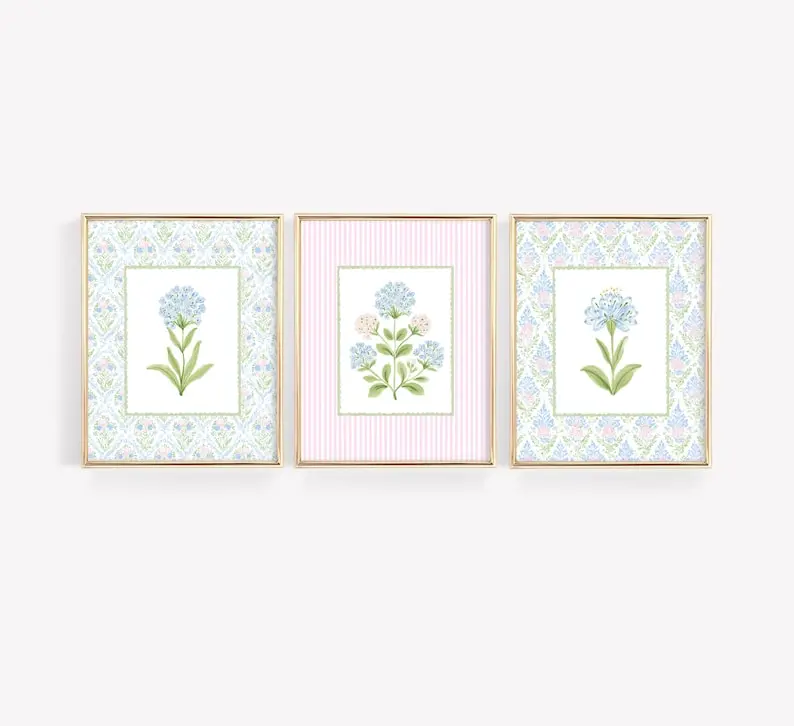 Floral Nursery Wall Art Set of 3, Pastel Blue & Pink Botanical Prints, Baby Girl Nursery Decor, Preppy Dorm Wall Art Ellie Taylor