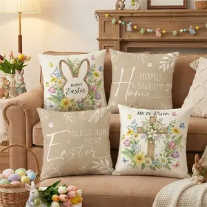 4-Piece Rabbit Floral Pattern Easter Pillow Covers, Home Decor 45x45cm Decorative Cushions with Hidden Zipper for Indoor and Outdoor Use