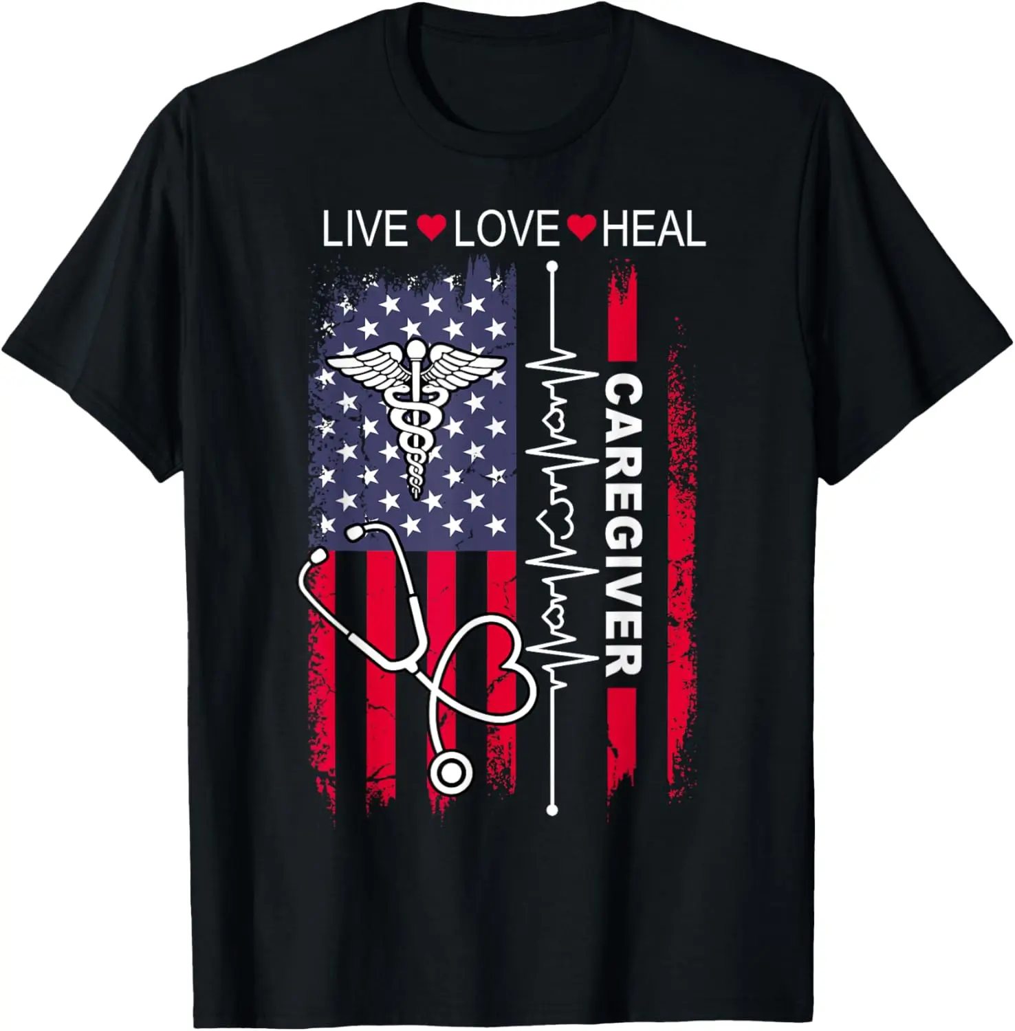 Women's 100% Cotton Short-Sleeve Casual Round Neck Distressed Graphic Caregiver T-Shirt, USA American Flag Design, Shortsleeve, Top, Tshirt, Vintage, Idiosyncratic