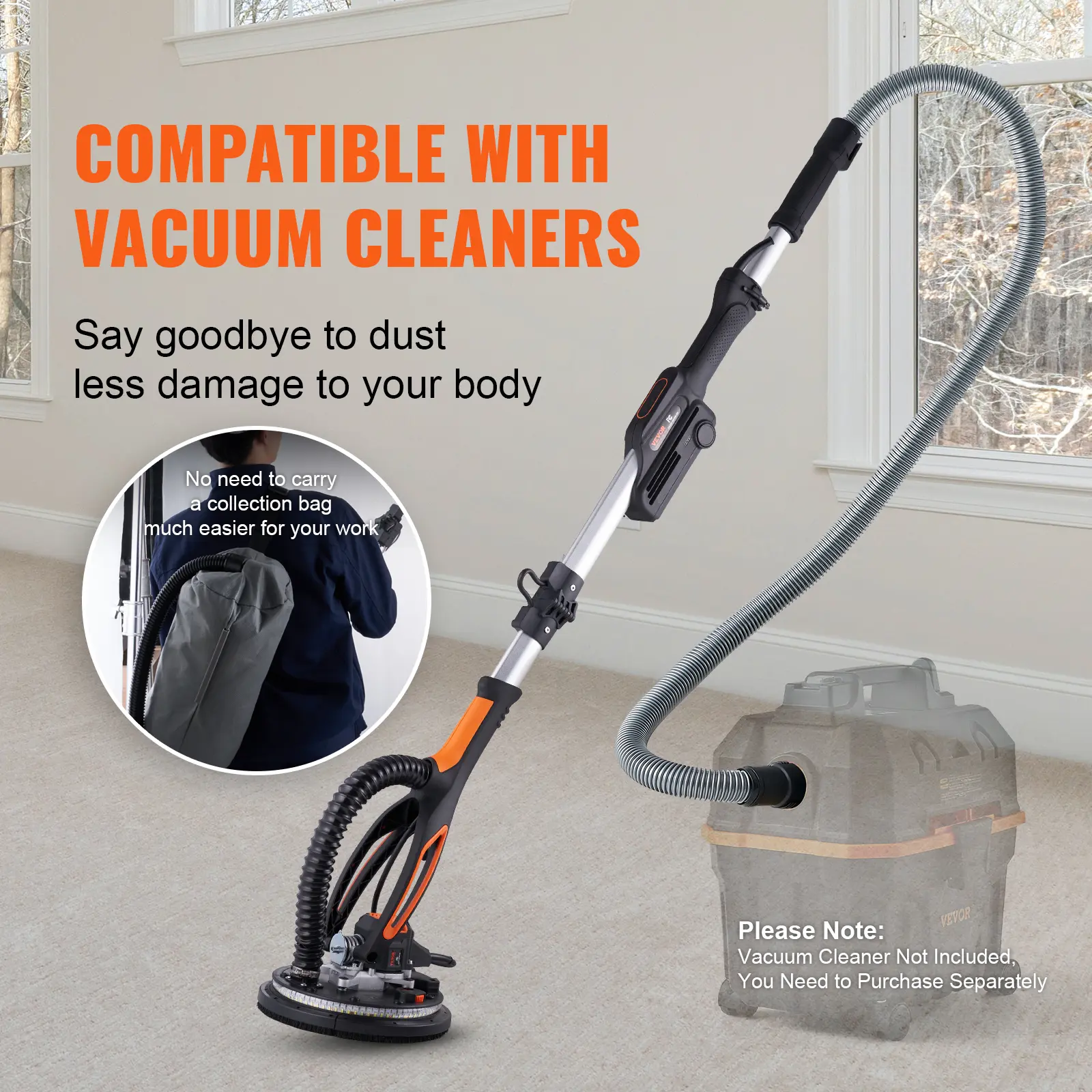 【summerfinds】VEVOR Drywall Sander, 800W Brushless Motor Electric Sander, Variable Speed 1000-2300 RPM Wall Sander, Foldable Ceiling Sander with Double-Deck LED Lights, Extendable Handle, 12 Sanding Discs