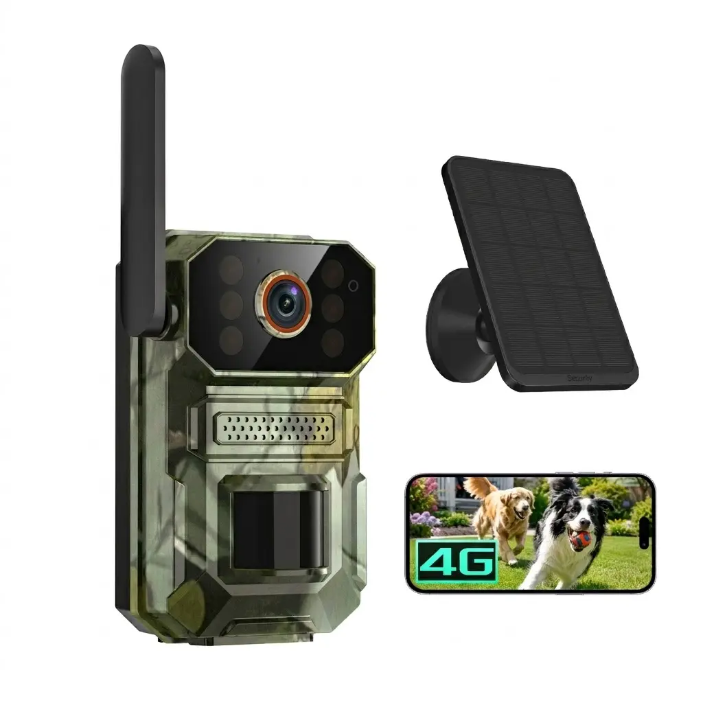4G LTE Cellular Hunting Trail Camera - Solar Powered, No WiFi Needed, SIM Card Included, 1080P Full HD Color Night Vision, 2-Way Audio Smart Security Cam for Deer Scouting, 24/7 Protection, 300MB of Data, 360° Surveillance, Ai-Driven Motion Detection