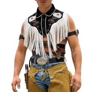 INCERUN Men's Western Goth Tassel Crop Top Festival Rave Costume Cowboy Shrug