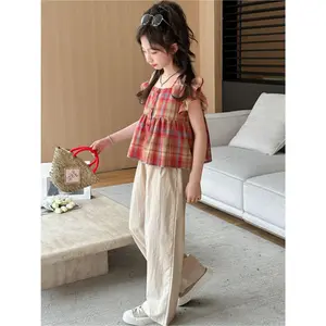 NewGirls' Two-piece Summer Plaid Set New Stylish Short-sleeve Flutter Sleeve Shirt with Long Trousers Set, Perfect for Outdoor(Gift)11