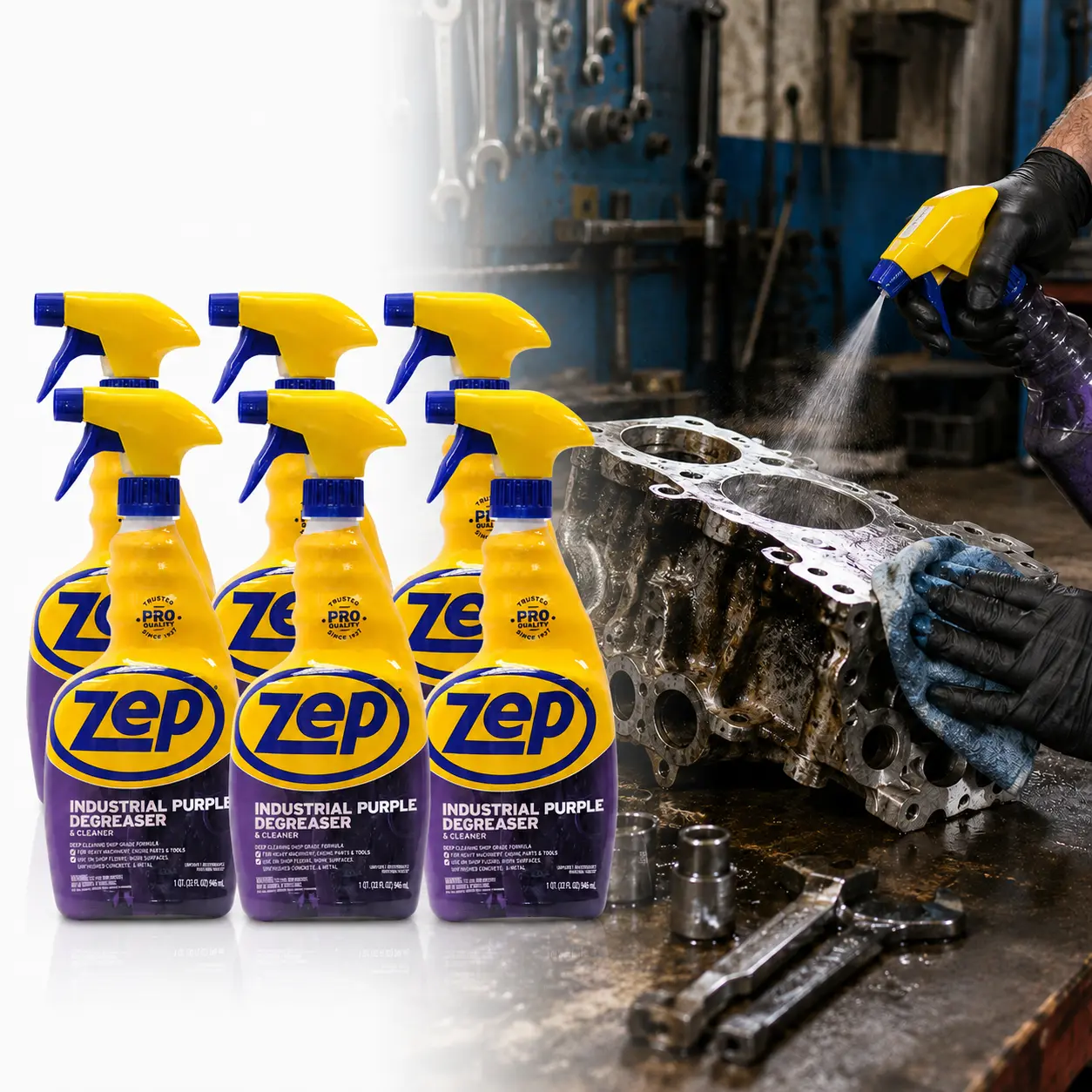 ZEP 32 oz Industrial Purple Ready to Use Degreaser,shop-grade solvent,heavy grease,oils,tar,adhesives,paints,industrial soils,ready-to-use,no mixing,spray bottle,quick dissolve,wipe or rinse,concrete,asphalt,tools,engines,metal parts,machinery,shop floors