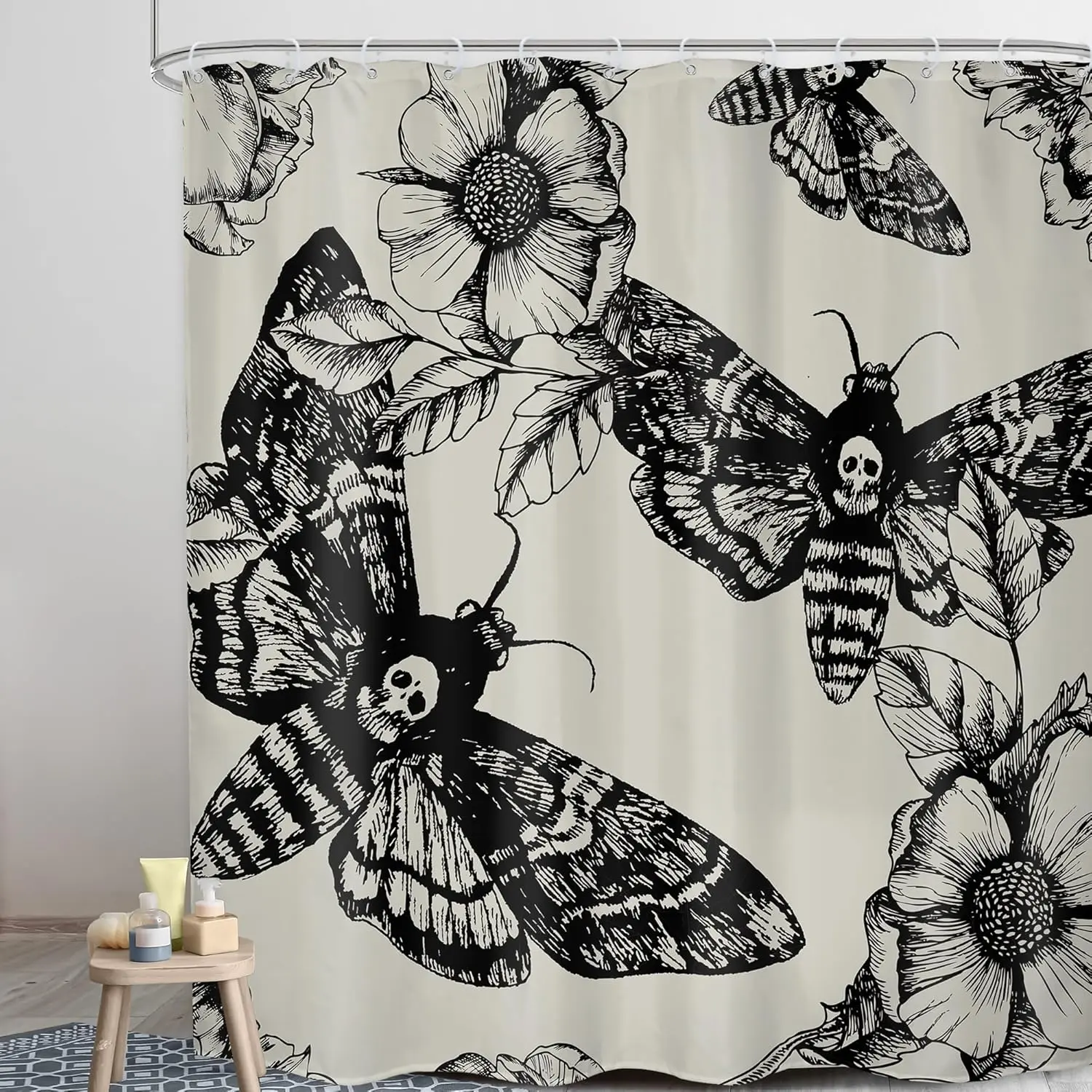 Butterfly & Skull & Flowers Pattern Decorative Shower Curtain, Waterproof Shower Curtain with 12pcs Hooks, Bathroom Shower Curtains, Bathroom Accessories for Home Dormitory Hotel Salon