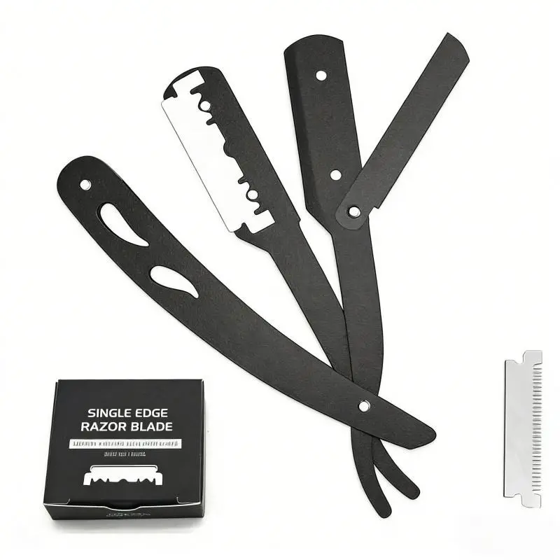 Professional Straight Razors for Men, Black Barber Razor Kit with 100 Premium Single Edge Stainless Steel Blades - Father's Day Gifts