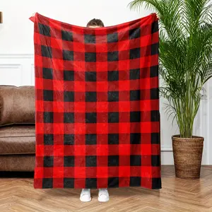 1pc Contemporary Red & Black Buffalo Check Plush Flannel Throw Blanket - Geometric Print, All-Season Use, Lightweight Knit Comfort, Seasonal Decor, Machine Washable, Ideal for Home, Couch, Gift-280GSM