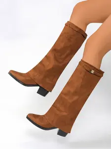 Women's Shark Lock Fold Knee Boots, Wedge High Heel, Zipper Closure, Pointed Toe, Luxury Fashion, Daily Casual & Commute, All-Match Style