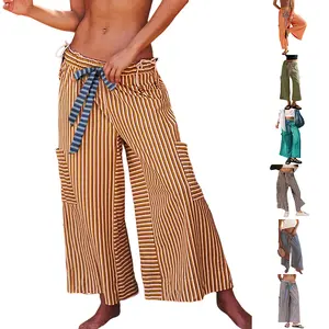 WoodBerry Women Drawstring Striped Pants Loose Wide Leg Lounge Pants Casual Palazzo Pants Trousers with Pockets Lightweight Womenswear