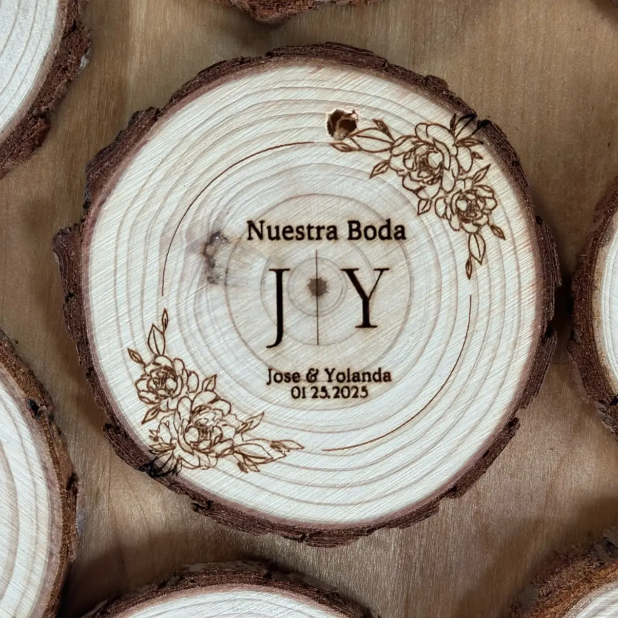 Custom Wood Slice Wedding Favors - Laser Engraved with Couple's Names, Wedding Date, Guest Name, & Leaf Border