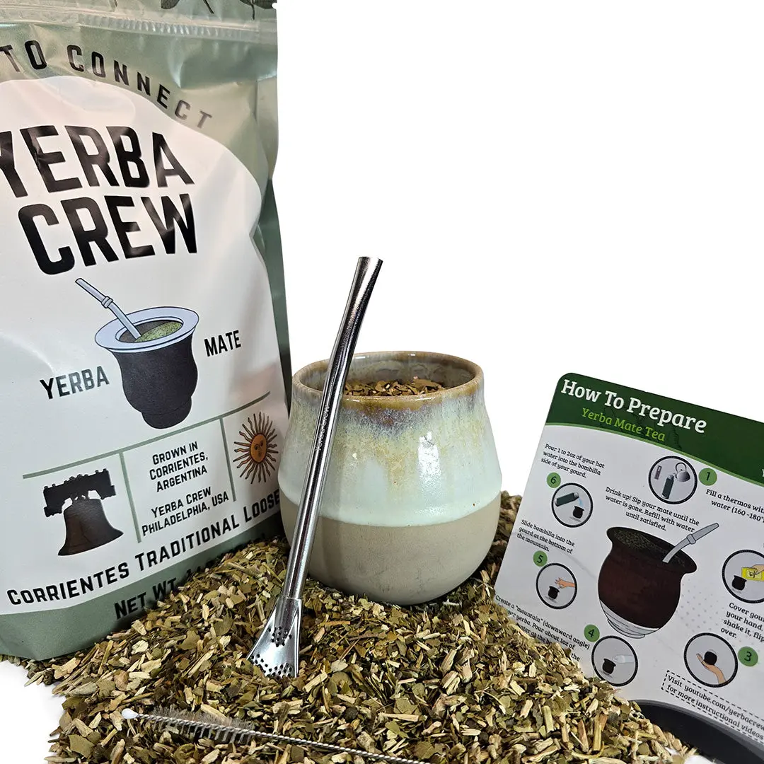 Traditional Bariloche Artisan Yerba Mate Tea Set - White Ceramic Gourd, Wide-Mouth Stainless Steel Accessory, Organic, 1lb Capacity, Multiple Styles