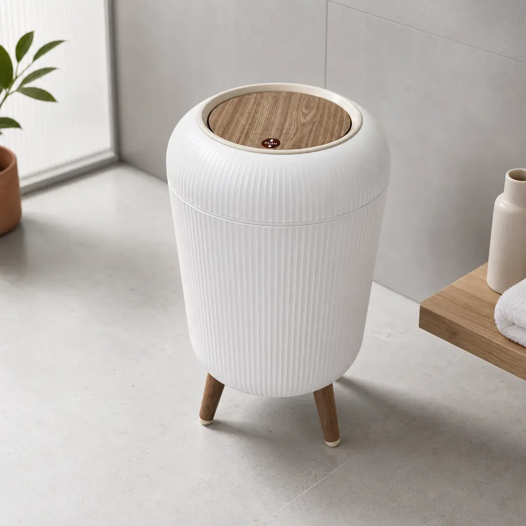 Wabi Sabi Ribbed Standing Trash Can, Textured Odor-Lock Bin for Neutral Living Room Home Supplies Waste & Recycling automatic with Lid Smart space motion Double Tilt Out Cabinet good helper container basket small counter top household wall mounted use
