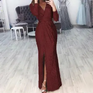 Elegant women’s long maxi dress with a V-neck, long sleeves, sequin waist detail, sexy high slit—perfect for autumn/winter parties and casual wear, slim fit