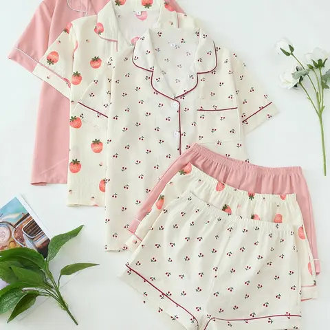 Women's Heart/All Over Fruit Print Contrast Binding Pyjama Set, Short Sleeve Lapel Neck Button Up Top & Elastic Waist Shorts PJ Set, Casual Comfy Loungewear Set for Women, Loungewear Pjs Set, Pajamas