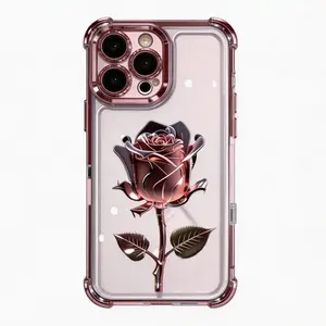 Pink rose electroplated pattern, drop-proof and non-slip TPU phone case, compatible with iPhone 17 Air, 16 Pro Max, 15 Plus, 14, 13, 12, 11 & SamsungGalaxy S25 Ultra S24 S23 FE S22. A unique phone case that can be given as a gift to boys or girls.QXA827
