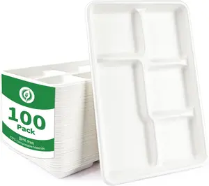 100% Compostable 5 Compartment Plates - 100 Pack Heavy Duty Lunch Trays, 12.5x8.6 Inch Disposable Bagasse Plates for School, Party, Buffet | Eco-Friendly Paper Trays with Dividers