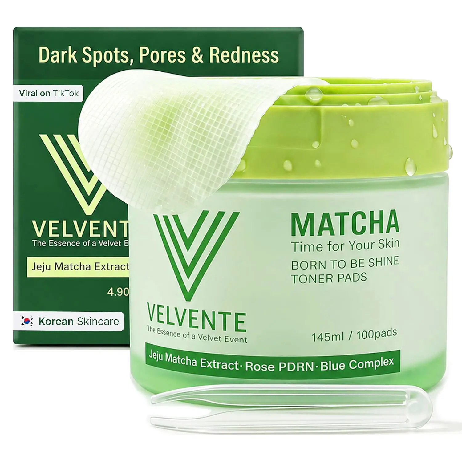 [Kbeauty] Velvente Natural Matcha Toner Pads for Sensitive, Acne-Prone Skin - 100 Unisex Pads with Rose PDRN, Matcha & Blue Complex, Skin Repair, Conditioning, Oil Control, Anti-Wrinkle Korean Facial Care for Redness, Acne Marks