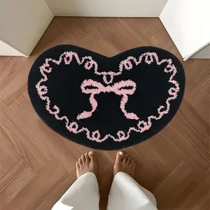 Cute Heart Shaped Bath Mat with Bow Design, Plush Absorbent Bathroom Rug for Modern Minimalist Home Decor, Soft Comfortable Area Rug for Bathroom Bedroom and Entryway, Fluffy Rug, Decorative Rug