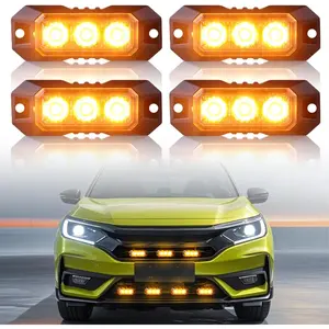 4PCS 3 LED Strobe Lights Surface Mount Flashing Emergency Warning Amber Strobe Lights for Trucks Vehicles Sync Ultra Slim Grille Hazard Caution Lights for Trucks Cars Vehicles ATV RV