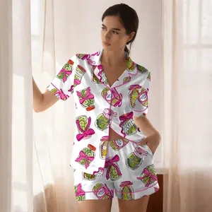 Pickle Bowtie Satin Pajamas, Women’s Pickle Lover Pink Bows Pajama Set,  Sleepwear Gifts Nightwear Pajama Satin Long Pants, Gift For Her