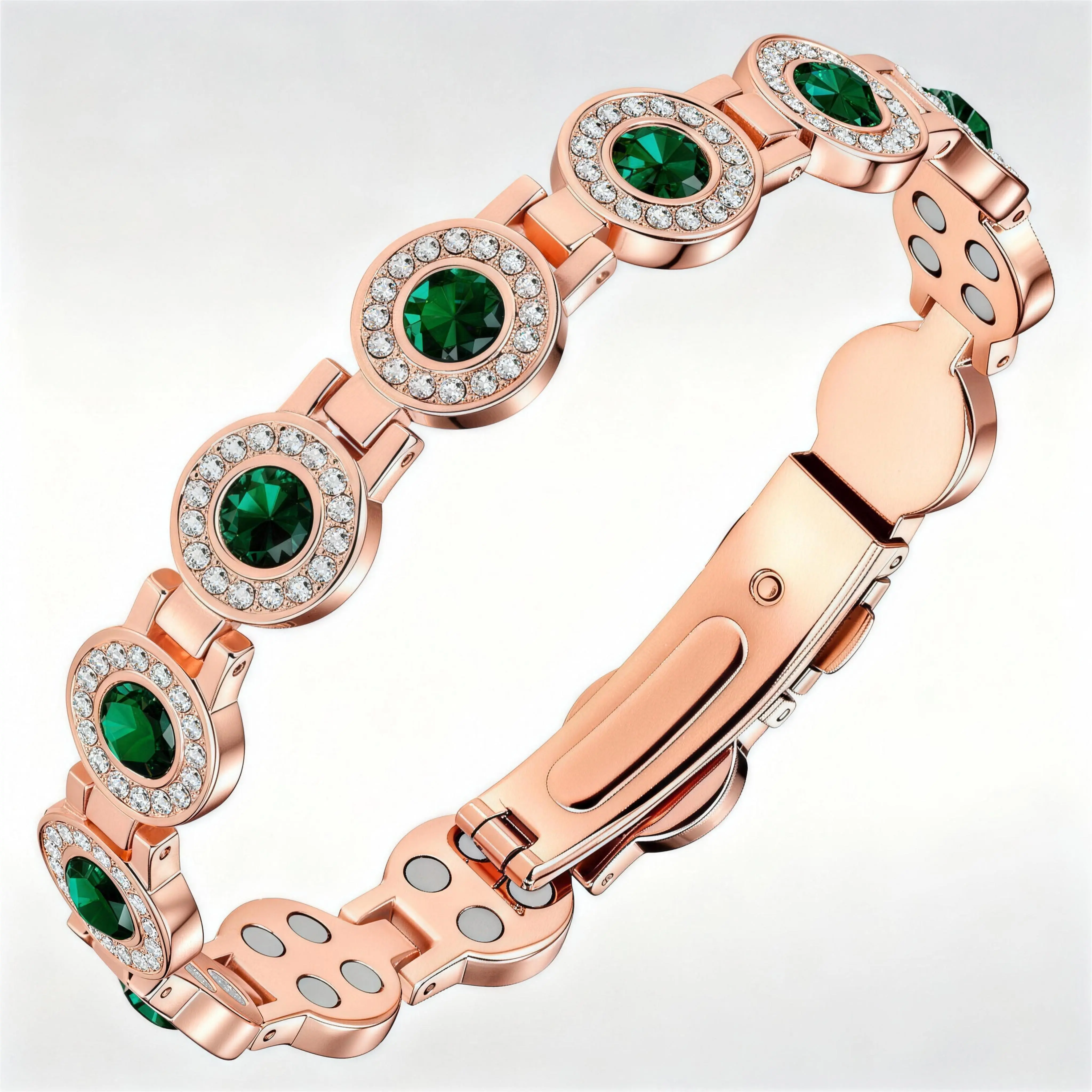 Women's Fashionable 4X Strength Magnetic Copper Bracelet - 3800 Gauss Magnets - Adjustable Length with Secure Clasp - Premium Multi-Facet Crystal Gemstones - Emerald Rose Gold Unisex Costume Jewelry for Daily Wear, Fashionable Bracelet, Any Occasion, Arm