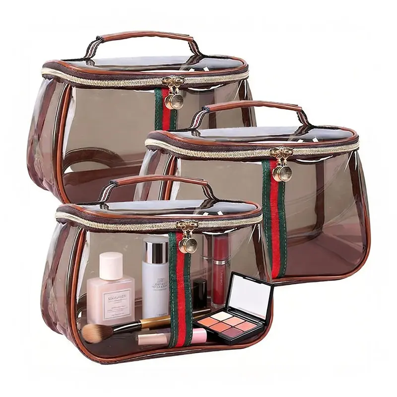 Women's Waterproof Transparent Brown Retro Vanity Bag (1-2PCS), Spill-Proof Portable Makeup Organizer, Skincare & Toiletry Storage Case for Daily & Travel Use