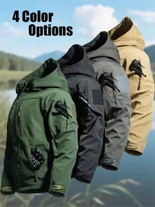 Men's Shark Skin Outdoor Tactical Jacket for Fall/Winter, Waterproof Style Workwear Jacket, Fleece-Lined Windproof Warm Multi-Pocket Hooded Jacket, Casual Workwear, Ideal for Outdoor Cycling, Fishing, Hunting, Hiking, and More