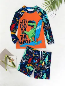 Unisex Surfing Dinosaur Letter Print Swimsuit Set, Long Sleeve Sun Protection Design, Suitable for Pool Beach Scenes