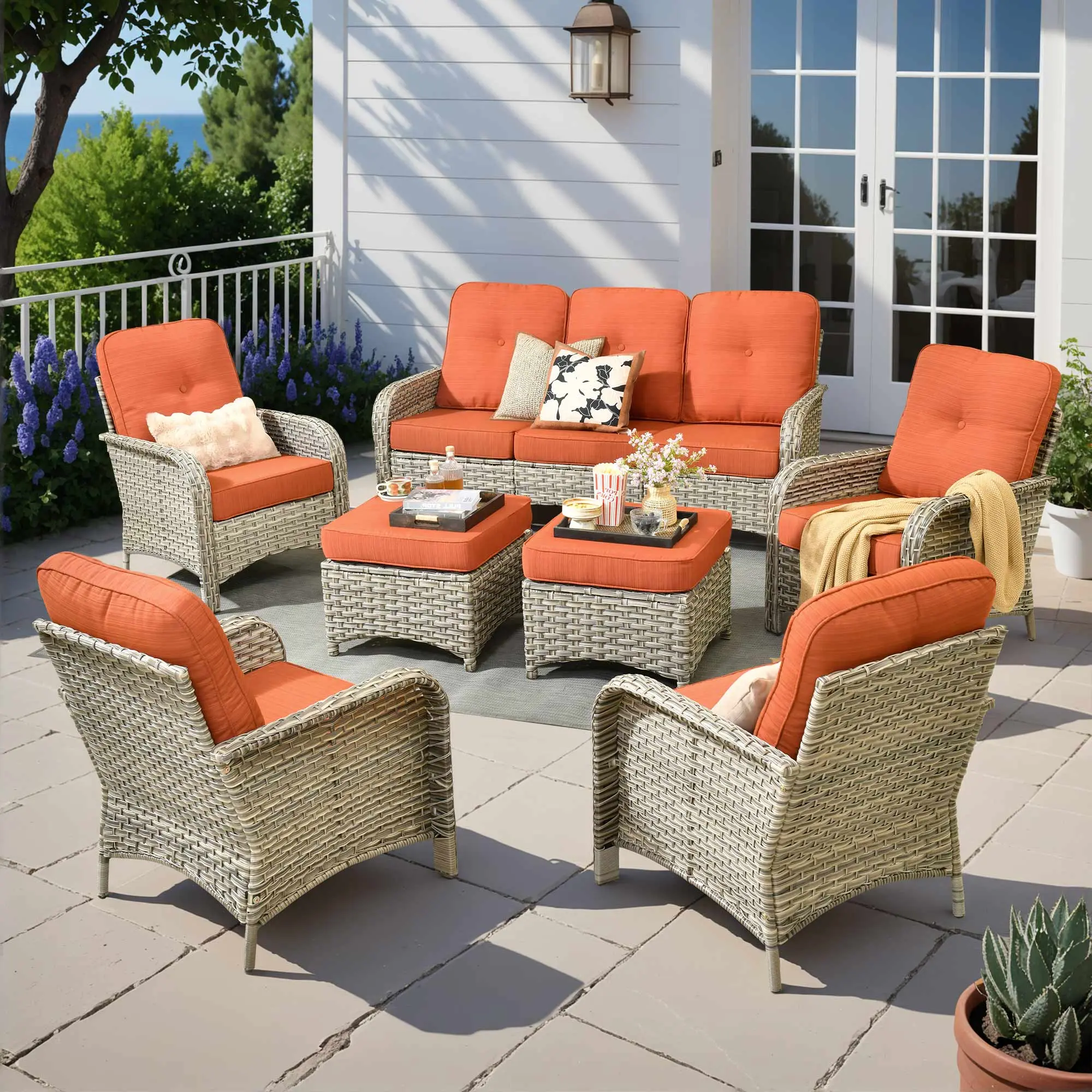 XIZZI 7-Pieces Patio Furniture Set, Outdoor Wicker Sofa Couch with Fire Pit Table, All Weather High Back Modern Conversation Set for Yard Balcony