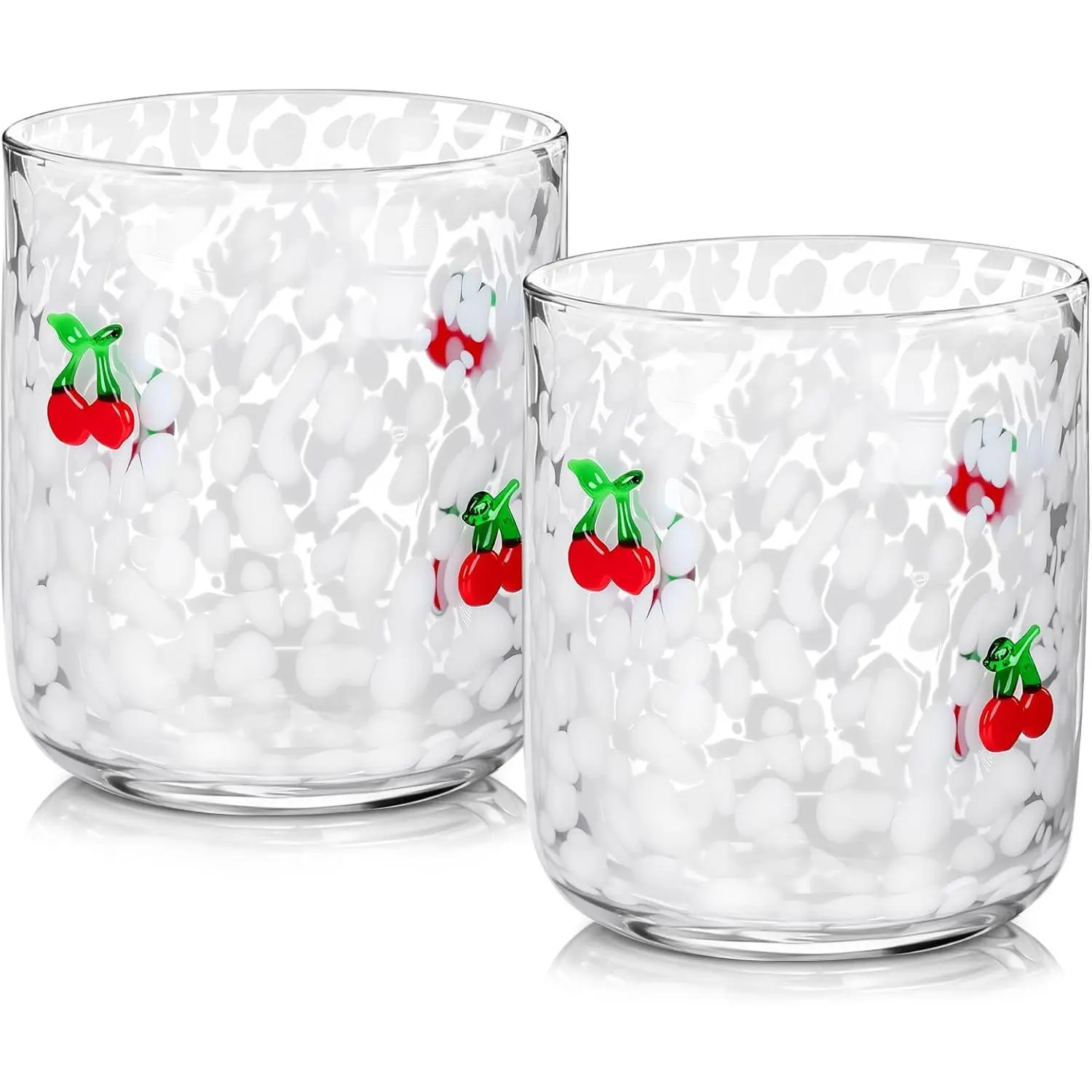 14oz Durable Stylish Glass Beverage Cups Set - 2-Pack Lightweight Transparent Tumblers with Cherry Icons, Old-Fashioned Kitchenware for Valentine’s Day, Daily Hydration, Beverage/Cocktail Serving for Dining, Party Guests