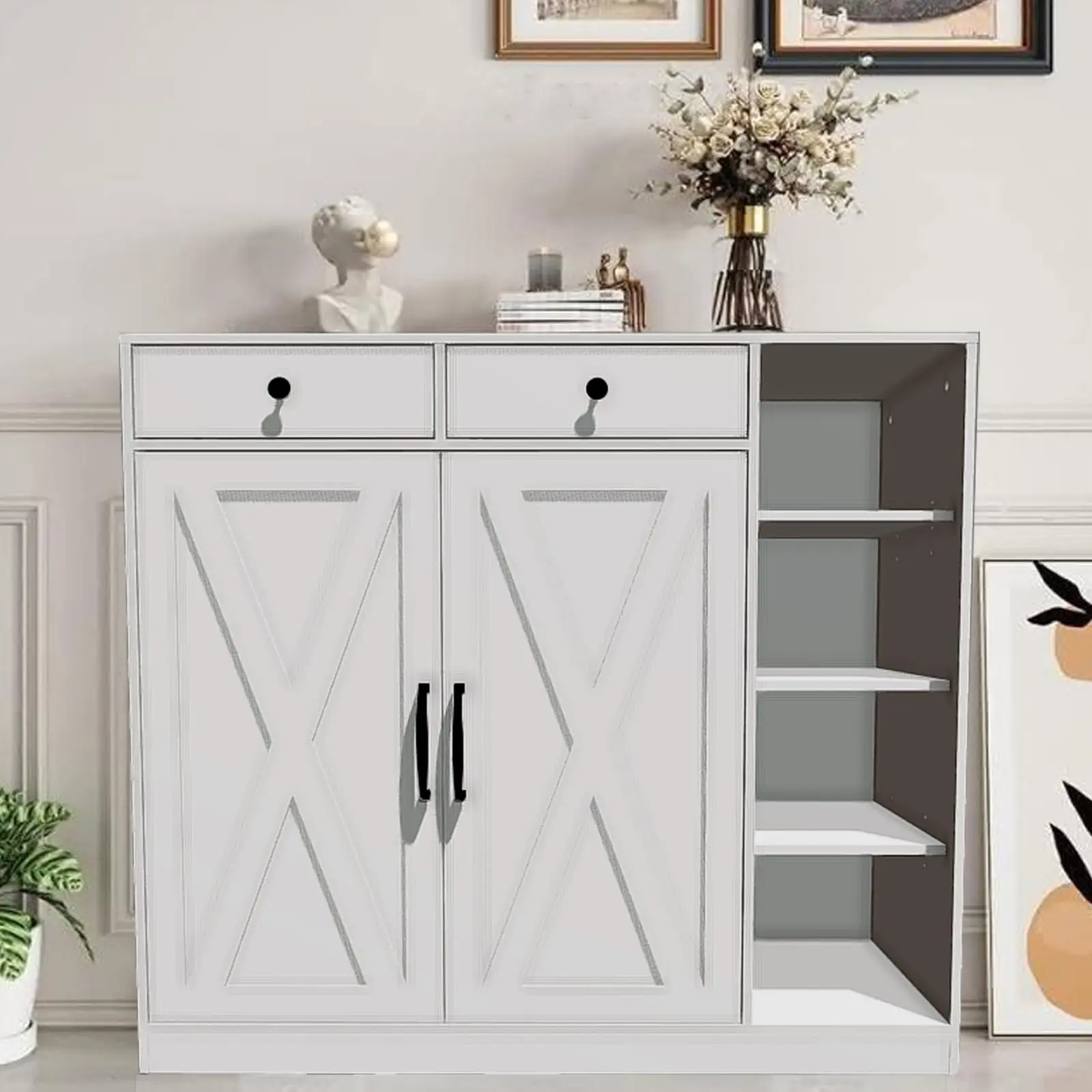 Garvee Farmhouse 5-Tier Shoe Cabinet with 2 Barn Doors – Drawers, Adjustable Shelves & Hooks, Freestanding Entryway Shoe Organizer for Hallway, Mudroom, Foyer