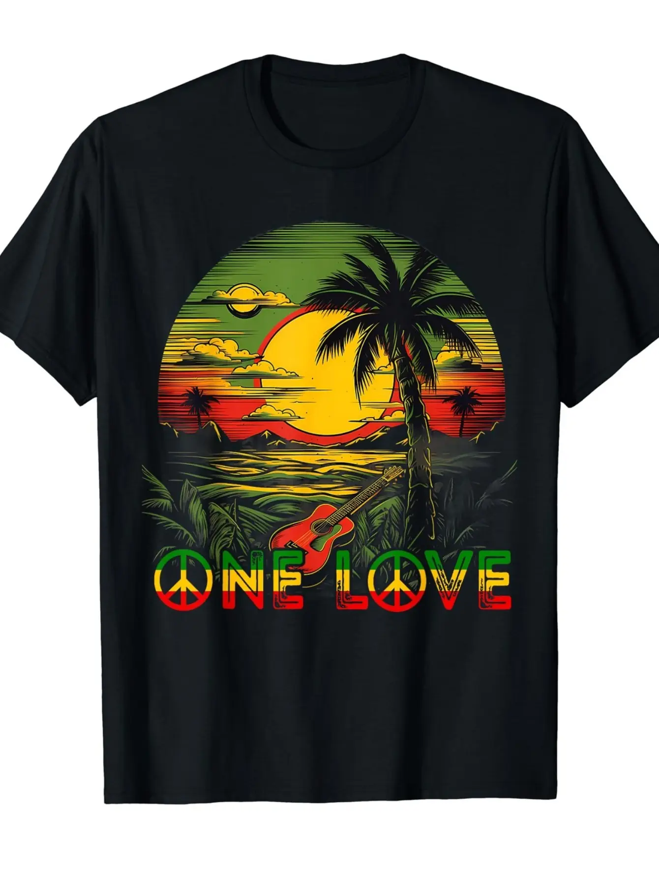 Rasta Pride Jamaica Reggae Music Guitar Sunset T-Shirt unisex soft cotton short sleeve t shirt, vintage graphic casual tee for men women teens, perfect birthday holiday gift for camping travel gym daily street casual wear