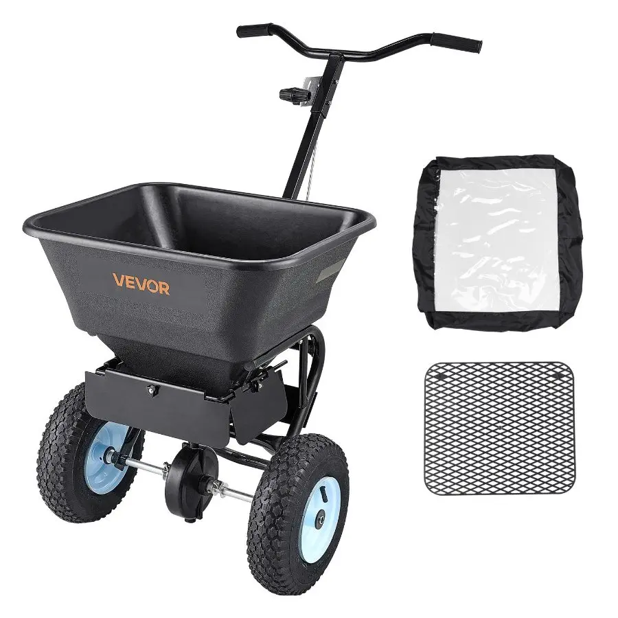 【Summerfinds】 Portable Garden Walk-Behind Push Lawn Spreader, 100LBS Capacity, 0-9.8ft Spreading Width, 13in All-Terrain Pneumatic Wheels, Hopper Grate-Equipped for Seed, Salt Applicationdealsforyoudays