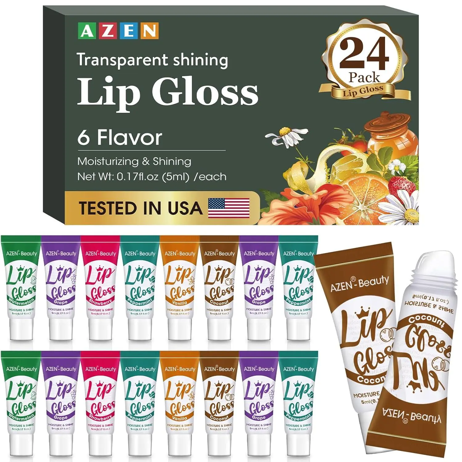 AZEN 24 Pack Lip Gloss Set, Clear Lip Gloss Bulk, Lip Oil for Dry Cracked Lips Moisturizing Hydrating Nourishing with Vitamin E, Mothers Day Gifts for Women