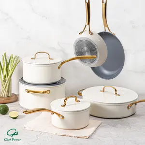 10pcs Golden Handle Ceramic Nonstick Cookware Set By Chef Power Sunray Series Oven Safe Kitchen Dining Pan Pot Utility white aesthetic cookware Frying