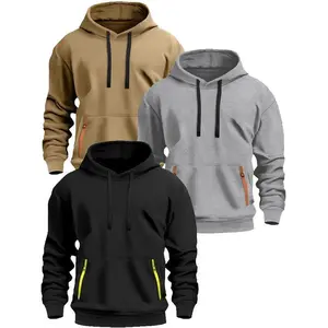 3 men's fleece hoodies -220g heavy-duty casual pullover with adjustable drawstring pockets, kangaroo pockets and ribbed cuffs, machine washable for autumn and winter (smoky brown, grey brown, black) |   casual style hoodie |   machine washable hoodie