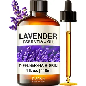 KUKKA ESSENTIAL OILS Lavender Essential Oil for Skin & Hair 4 fl oz - Aromatic Amberwood Scent for Diffuser & DIY Recipes - Cruelty-Free & NON-GMO