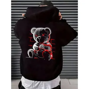 1pc Men'S Casual Cotton Hoodie with Teddy Bear Print - Long Sleeve Pullover Hooded Sweatshirt, Knit Fabric with Slight Stretch, Regular Fit for All Seasons