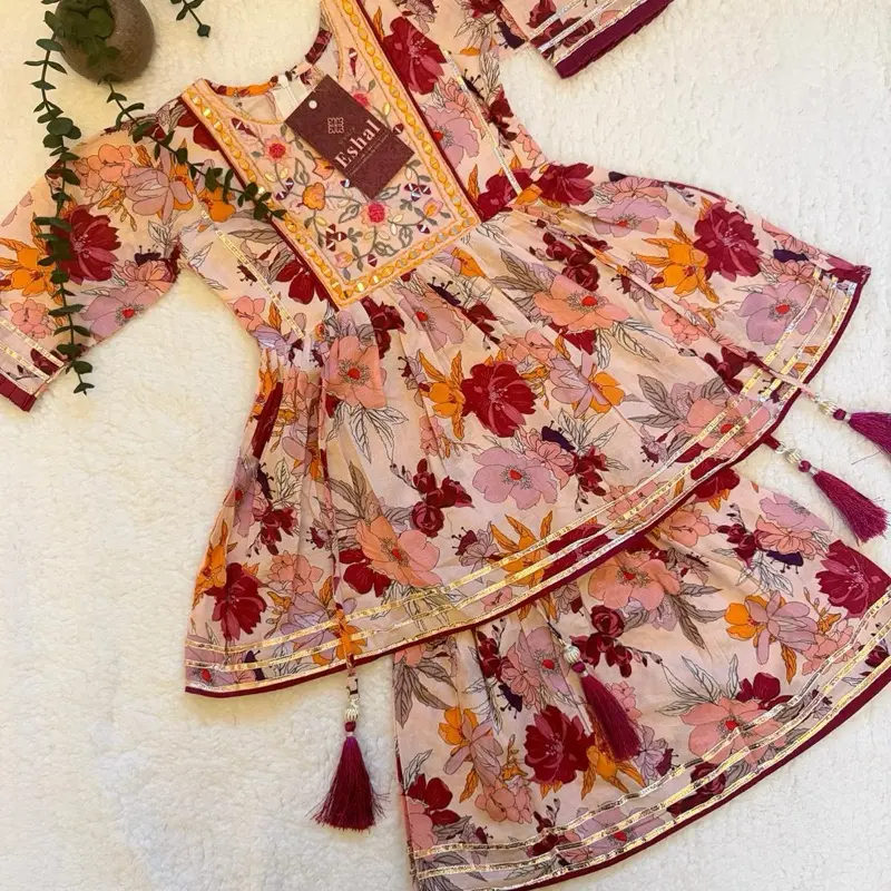 Girls 2pc Gharara pant Set in Burgandy