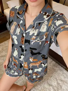 Women's Pajama Set, Loungewear, Collar Button Short Sleeve with Elastic Shorts, Cute Dog Pattern, All Seasons, Comfortable and Casual