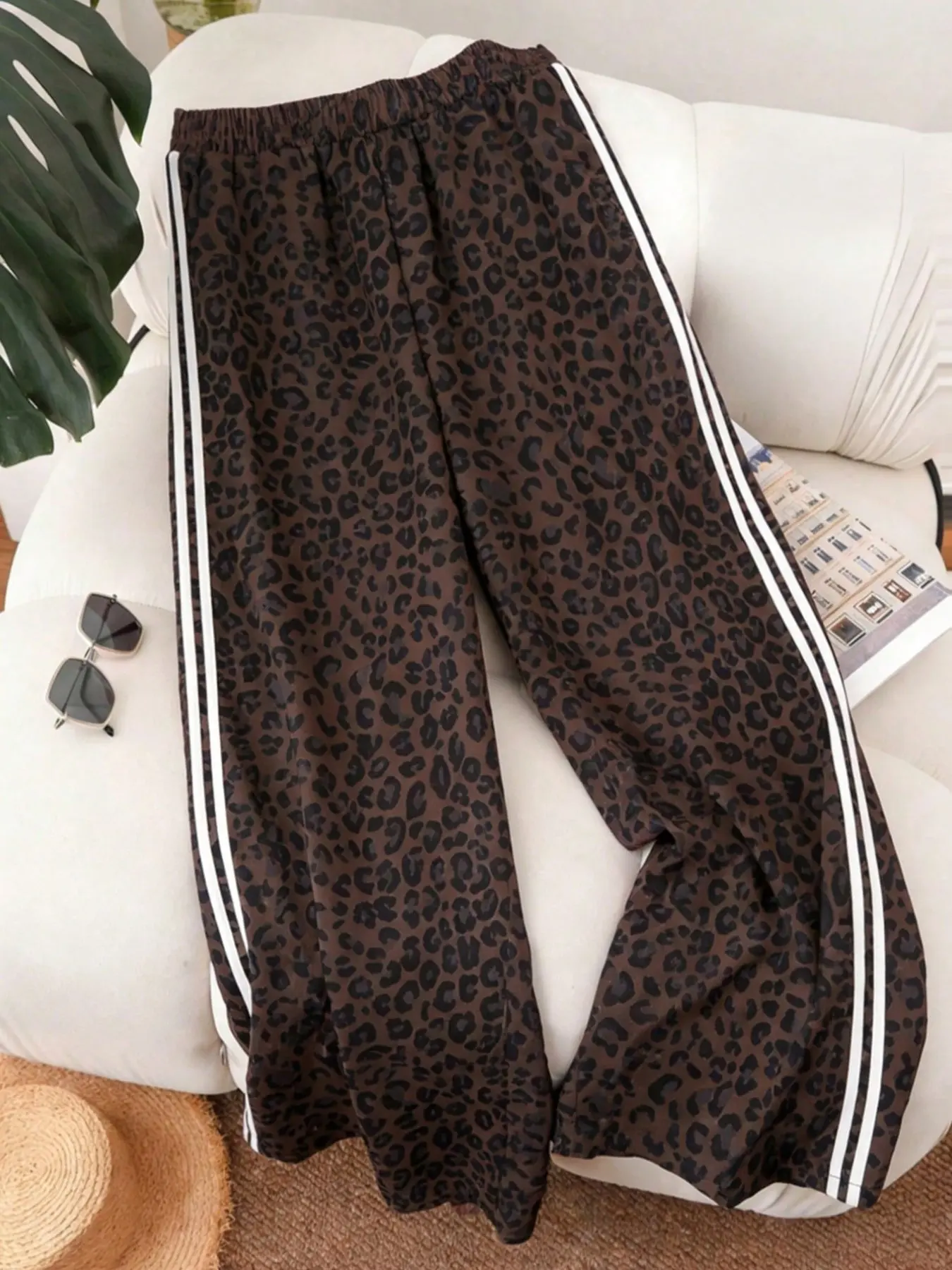 Leopard Print Plus Size Casual Sporty Track Pants, Wide-Leg Pants with White Side Stripes, Y2K Summer Daily Wear, Stylish Relaxed Fit Trousers